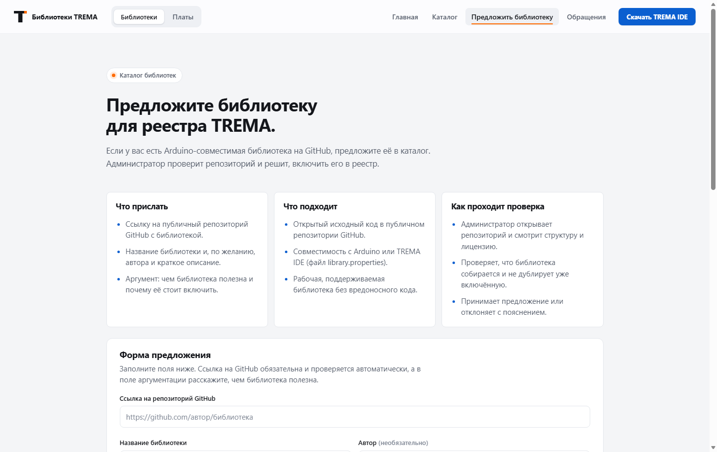 Форма Предложить библиотеку на libraries.trema.ru: требования и порядок проверки